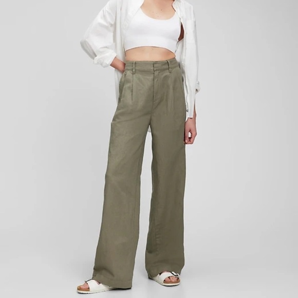 New Gap Linen Cotton High Waisted Pleated Wide Leg Pants Green Sz 6 - Picture 1 of 10